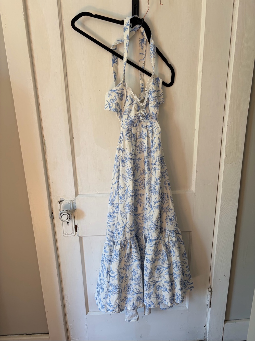 For Love And Lemons White and Blue Floral Halter Maxi Dress